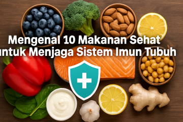 Kumpulan makanan sehat seperti brokoli, jeruk, alpukat, salmon, bawang putih, jahe, paprika merah, bayam, yogurt, dan biji labu untuk memperkuat sistem imun tubuh.