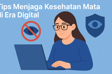 Ilustrasi wanita muda memakai kacamata bekerja di depan laptop dengan simbol perlindungan mata di latar belakang.
