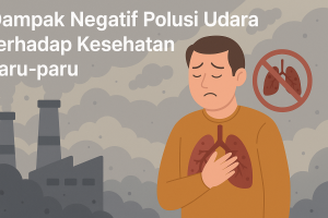 Ilustrasi pria memegang dada dengan ekspresi sakit paru-paru di tengah latar belakang polusi udara dari pabrik.