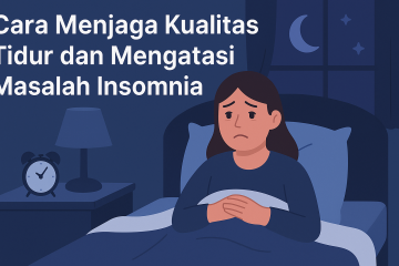 Ilustrasi seorang wanita sulit tidur di malam hari dengan ekspresi cemas di tempat tidur dalam suasana kamar gelap.