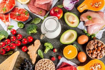 Flat-lay piring dan mangkuk berisi makanan penunjang kesehatan jantung: alpukat belah, bayam segar, kacang merah, jeruk potong, blueberry, walnut, chickpea, salmon, stroberi, dan minyak zaitun, dengan teks judul di tengah.