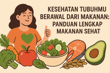 Ilustrasi wanita sehat dengan makanan bergizi seperti sayuran, buah, ikan salmon, alpukat, dan sereal utuh, mendukung gaya hidup sehat melalui pola makan seimbang.