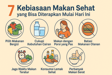 Infografik 7 kebiasaan makan sehat seperti konsumsi makanan bergizi, minum cukup air, porsi makan tepat, dan batasi makanan olahan