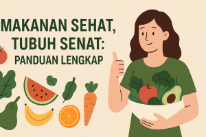 Ilustrasi wanita memegang mangkuk berisi sayuran dan buah segar dengan tulisan Makanan Sehat, Tubuh Sehat: Panduan Lengkap