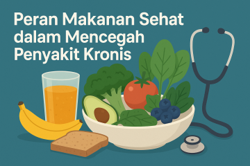 Ilustrasi digital makanan sehat seperti sayuran hijau, buah-buahan, roti gandum, dan jus, dengan stetoskop sebagai simbol kesehatan.