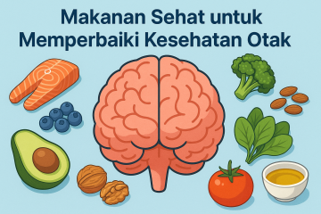 Ilustrasi makanan sehat yang bermanfaat untuk memperbaiki kesehatan otak, termasuk ikan salmon, blueberry, alpukat, brokoli, dan kacang-kacangan, mengelilingi gambar otak.