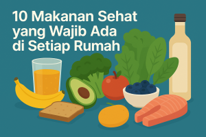 Ilustrasi makanan sehat seperti salmon, sayuran hijau, buah-buahan, dan roti gandum dengan teks “10 Makanan Sehat yang Wajib Ada di Setiap Rumah”.