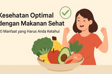 Wanita tersenyum berdiri di samping mangkuk makanan sehat seperti sayur, buah, ikan, dan kacang-kacangan, mencerminkan gaya hidup sehat.