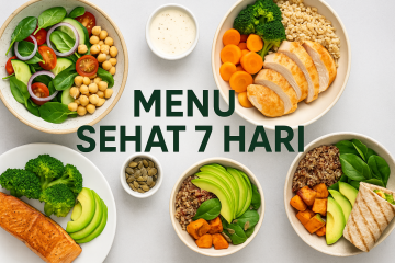 Menu sehat 7 hari berisi hidangan bergizi seperti salad sayur, ayam panggang, salmon, quinoa, brokoli, wortel, alpukat, dan biji-bijian, disusun dalam tampilan flat lay yang menarik.