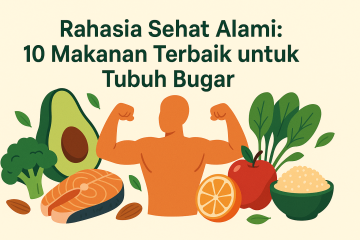 Ilustrasi makanan sehat alami seperti brokoli, alpukat, salmon, dan sosok manusia bugar dengan latar cerah