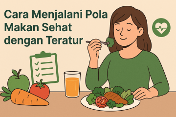 Ilustrasi wanita sedang makan makanan sehat dengan sayur, wortel, apel, dan jus jeruk, mencerminkan pola makan sehat yang teratur.
